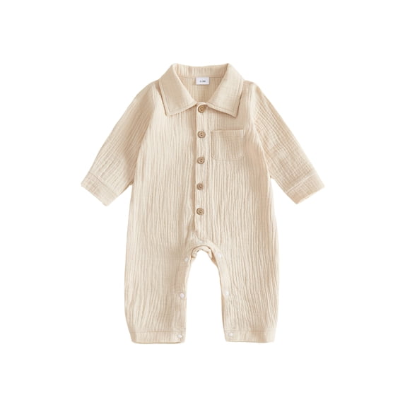 Cjfdfy Newborn Baby Boy Girl Fall Outfit Jumpsuit Collared Long Sleeve Button-down Pocket Solid Fall Romper Infant Crinkled Jumpsuit Soft Coming Home Fall Winter Outfit