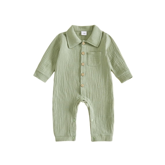 Cjfdfy Newborn Baby Boy Girl Fall Outfit Jumpsuit Collared Long Sleeve Button-down Pocket Solid Fall Romper Infant Crinkled Jumpsuit Soft Coming Home Fall Winter Outfit