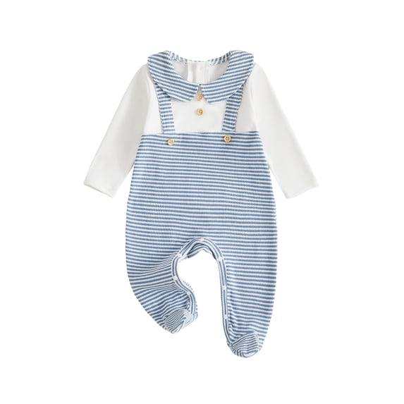 Cjfdfy Newborn Baby Boy Girl Fall Outfit Preemie Baby Footed Romper Long Sleeve Stripe Patchwork Bodysuit Infant Cute Peter Pan Collar Waffle Footies Fall Winter Outfit
