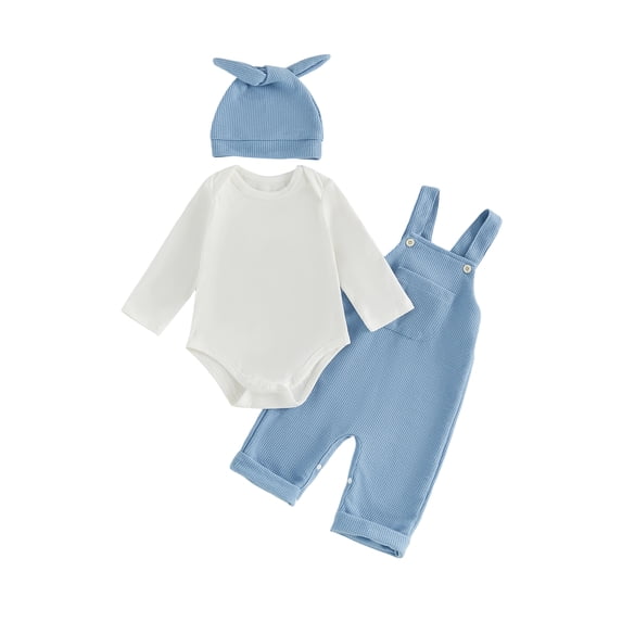 Cjfdfy Newborn Baby Boy Girl Fall Outfits Solid Long Sleeve Romper Waffle Overall Pants And Knotted Hat 3 Piece Set Cute Coming Home Fall Winter Outfit 0-18M