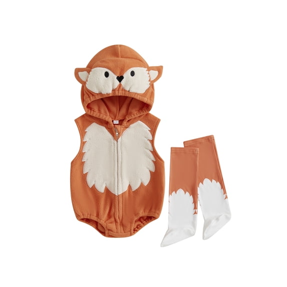 Cjfdfy Newborn Baby Boy Girl Halloween Animal Costume Infant Baby Fox Puppy Dog Frog Poached Egg Costume Fall Winter Sleeveless Hooded Zipper Romper Leg Warmers Set Toddler Halloween Cosplay Outfits