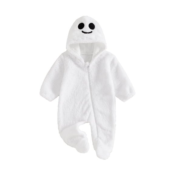 Cjfdfy Newborn Baby Boy Girl Halloween Fall Clothes Pumpkin Ghost Hooded Fleece Zipper Long Sleeve Footies Romper Jumpsuit Infant Cute My First Halloween Fall Winter Outfit 0-6 Months