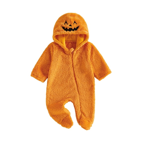 Cjfdfy Newborn Baby Boy Girl Halloween Fall Clothes Pumpkin Ghost Hooded Fleece Zipper Long Sleeve Footies Romper Jumpsuit Infant Cute My First Halloween Fall Winter Outfit 0-6 Months