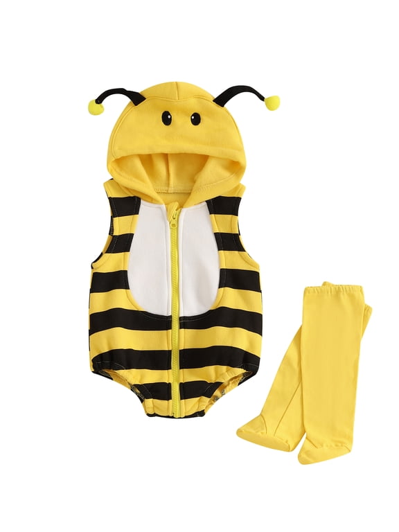 Newborn Baby Boy Girl Halloween Outfit Baby Kids Bee Costume Infant One Piece Romper Sleeveless Zipper Jumpsuits Hoodie Warm Playsuit with Leg Warmers Set