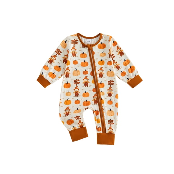 Cjfdfy Newborn Baby Boy Girl Halloween Outfit Romper Casual Scarecrow Pumpkin Print Zip Front Crew Neck Long Sleeve Jumpsuit For Fall Halloween Pumpkin Fall Winter Outfit