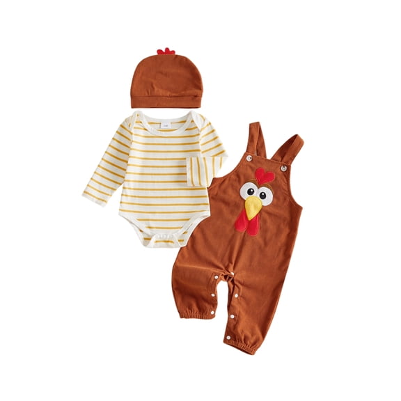 Cjfdfy Newborn Baby Boy Girl Thanksgiving Fall Outfits Little Turkey Stripe Long Sleeve Romper Overall Pants Hat Three-piece Set Infant Cute My First Thanksgiving Fall Winter Clothes 0-18 Months