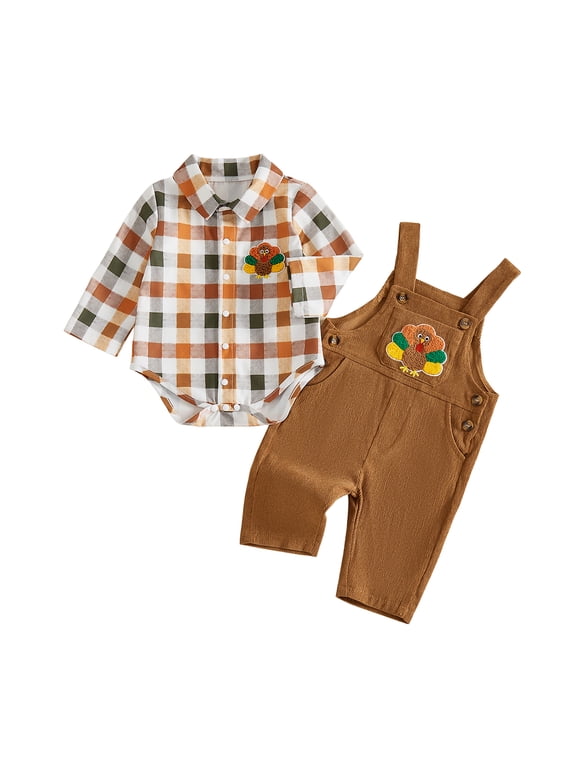 Newborn Baby Boy Girl Thanksgiving Outfit Plaid Turkey Long Sleeve Bodysuit Shirt Turkey Embroidery Overalls Pants Set Little Baby Cute My First Thanksgiving Fall Winter Outfit