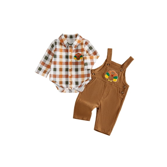 Cjfdfy Newborn Baby Boy Girl Thanksgiving Outfit Plaid Turkey Long Sleeve Bodysuit Shirt Turkey Embroidery Overalls Pants Set Little Baby Cute My First Thanksgiving Fall Winter Outfit