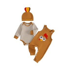 Cjfdfy Newborn Baby Boy Girl Thanksgiving Outfit Striped Rompers And Turkey Overalls Pants With Hat Little Baby Cute My 1St Thanksgiving Fall Outfit Baby Holiday Costume