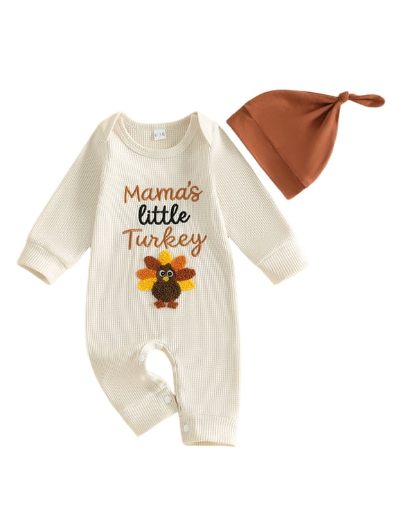 Newborn Baby Boy Girl Thanksgiving Outfit Turkey Rolls Embroidery Long Sleeve Letter Romper With Hat Infant Cute My First Thanksgiving Fall Winter Outfit 0-12 Months