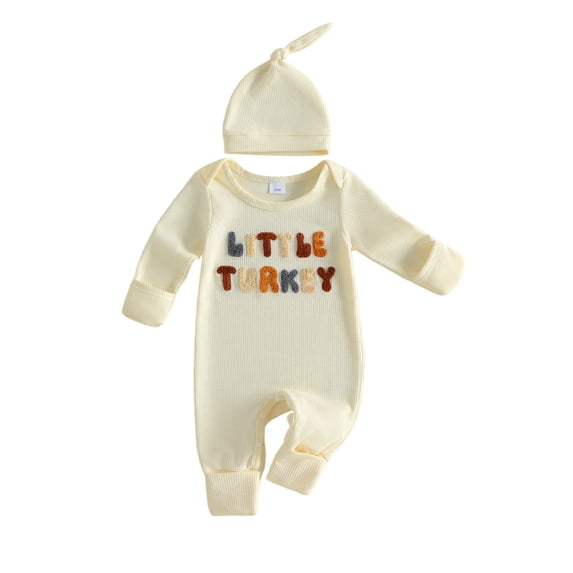 Cjfdfy Newborn Baby Boy Girl Thanksgiving Outfits Little Turkey Embroidery Waffle Knit Romper And Hat Coming Home Outfit Cute My First Thanksgiving Fall Holiday Winter Outfit 0-6 Months