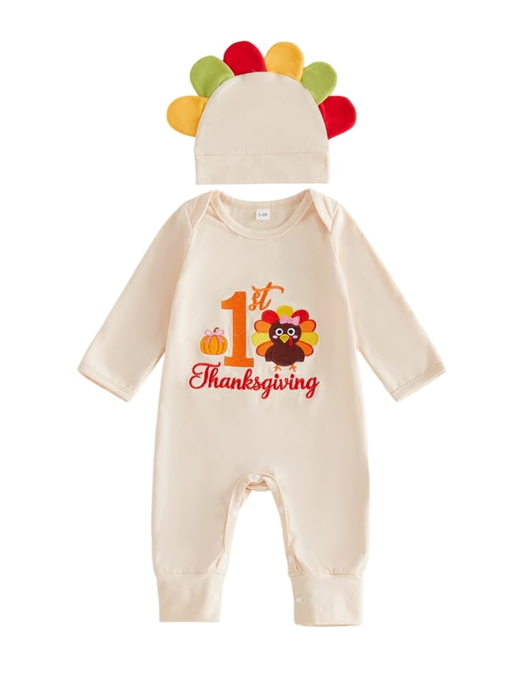 Newborn Baby Boy Girl Thanksgiving Outfits Long Sleeve Turkey Embroidery Jumpsuit With Hat My First Thanksgiving Little Turkey Fall Outfit 0-6 Months