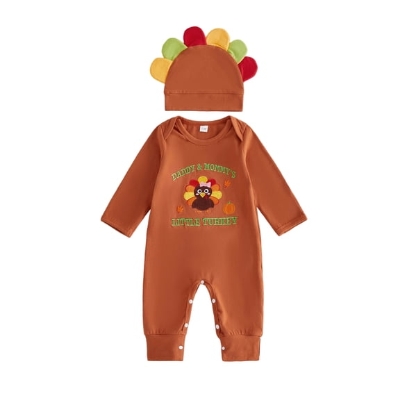 Cjfdfy Newborn Baby Boy Girl Thanksgiving Outfits Long Sleeve Turkey Embroidery Jumpsuit With Hat My First Thanksgiving Little Turkey Fall Outfit 0-6 Months
