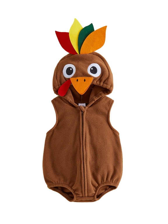 Newborn Baby Boy Girl Thanksgiving Turkey Costume,Fleece Hooded Sleeveless Zipper Front Romper,Holiday Cosplay Jumpsuit,Sleeveless Turkey Jacket