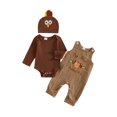 thumbnail image 1 of Cjfdfy Newborn Baby Boy Girl Thanksgiving Turkey Fall Outfit My First Thanksgiving Fall Winter Outfit Long Sleeve Ribbed Romper Turkey Embroidery Plaid Overalls Hat 3Pcs Set Little Turkey Clothes, 1 of 10