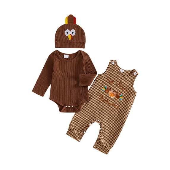 Cjfdfy Newborn Baby Boy Girl Thanksgiving Turkey Fall Outfit My First Thanksgiving Fall Winter Outfit Long Sleeve Ribbed Romper Turkey Embroidery Plaid Overalls Hat 3Pcs Set Little Turkey Clothes