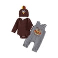 thumbnail image 1 of Cjfdfy Newborn Baby Boy Girl Thanksgiving Turkey Fall Outfit My First Thanksgiving Fall Winter Outfit Long Sleeve Ribbed Romper Turkey Embroidery Plaid Overalls Hat 3Pcs Set Little Turkey Clothes, 1 of 9