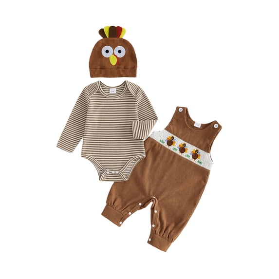 Cjfdfy Newborn Baby Boy Girl Thanksgiving Turkey Fall Outfit Striped Romper With Turkey Overalls And Hat 3Pcs Set My First Thanksgiving Fall Winter Outfit Little Turkey Clothes