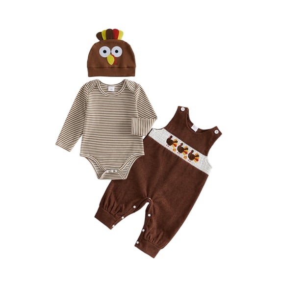 Cjfdfy Newborn Baby Boy Girl Thanksgiving Turkey Fall Outfit Striped Romper With Turkey Overalls And Hat 3Pcs Set My First Thanksgiving Fall Winter Outfit Little Turkey Clothes