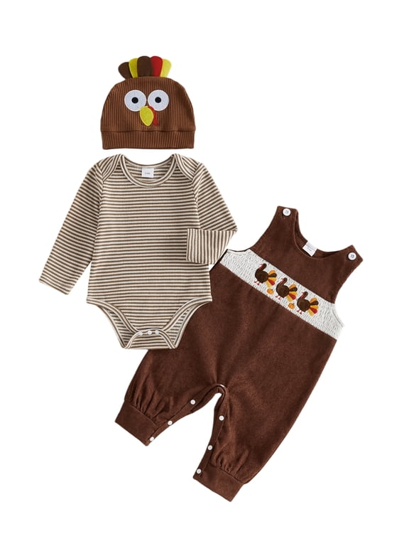 Newborn Baby Boy Girl Thanksgiving Turkey Fall Outfit Striped Romper With Turkey Overalls And Hat 3Pcs Set My First Thanksgiving Fall Winter Outfit Little Turkey Clothes