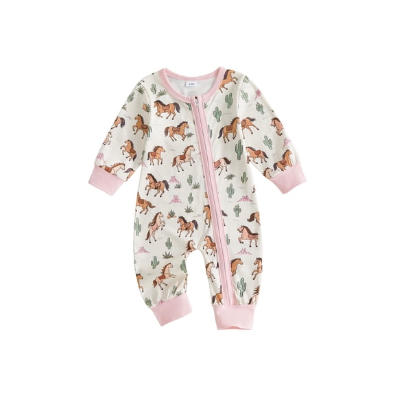 Cjfdfy Newborn Baby Boy Girl Western Fall Clothes Cowgirl Cactus Horse Print Long Sleeve Side Zipper Romper Infant Cute Farm Fall Winter Outfit 0-18 Months