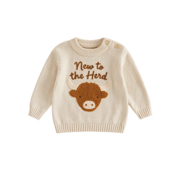 Cjfdfy Newborn Baby Boy Girl Western Fall Sweaters New To The Herd Long Sleeve Highland Cow Embroidery Knit Sweater Infant Cute Farm Clothes 0-12M 