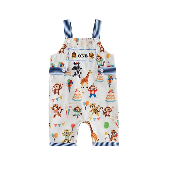 Cjfdfy Newborn Baby Boy Girls Birthday Overalls Animal Party Print One Birthday Embroidery Short Jumpsuit Cake Smash Outfit Infant Cute My First Birthday Fall Winter Outfit 6-18M