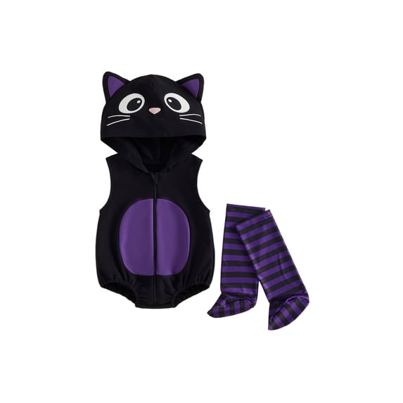 Cjfdfy Newborn Baby Boy Girls Halloween Costume Outfit Pumpkin Bat Cat Hooded Sleeveless Zipper Romper With Stripe Socks Infant Cute Animal Warm Hooded Sleeveless Jumpsuit 0-2Y