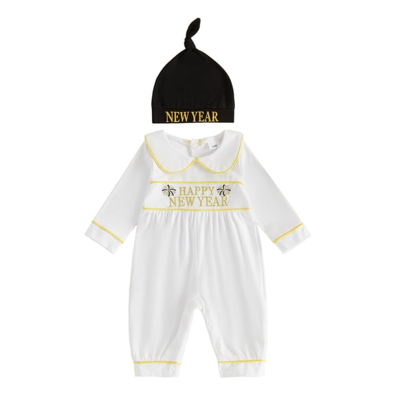 Cjfdfy Newborn Baby Boy Girls New Year Outfits Happy New Year With Firework Embroidery Long Sleeve Doll Collar Bodysuit and Hat Infant Cute My First New Year Outfit 0-18M