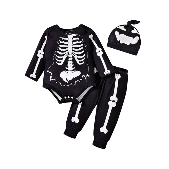 Cjfdfy Newborn Baby Boy Halloween Outfit Infant Baby Boys Fall Winter Clothes 0 3 6 12 18 Months Skeleton Print Long Sleeve Rompers and Long Pants Hat Set