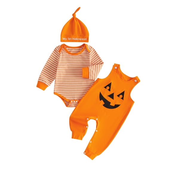 Cjfdfy Newborn Baby Boy Halloween Pumpkin Ghost Outfits My First Halloween Overalls Pants Striped Long Sleeve Romper And Hat Infant Cute My 1St Halloween Fall Winter Outfit