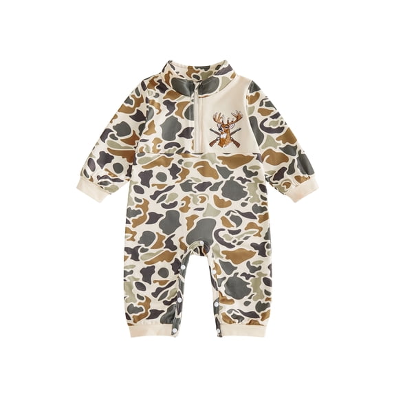 Cjfdfy Newborn Baby Boy Hunting Camo Fall Outfit Duck Reindeer Pattern Zip-up Long Sleeve Mock Neck Romper Jumpsui Infant Cute Camouflage Fall Winter Clothes 0-18M