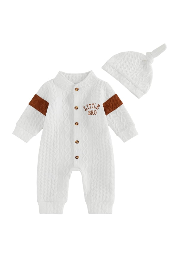 Newborn Baby Boy Little Brother Outfit Infant Baby Boys Spring Fall Winter Clothes Little Bro Letter Embroidered Textured Long Sleeve Button Up Romper Jumpsuit Hat 2 Piece Set