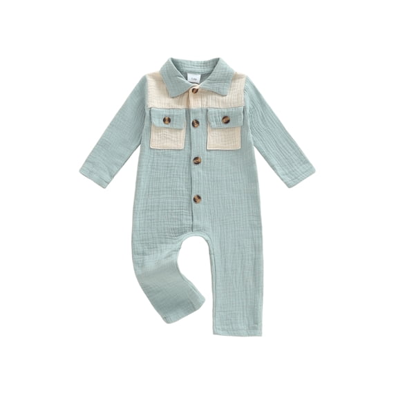 Cjfdfy Newborn Baby Boy Spring Fall Winter Clothes Infant Baby Boys Cotton Linen Outfit 0 3 6 12 18 Months Lapel Romper One Piece Contrast Color Long Sleeve Button Down Jumpsuit with Chest Pockets