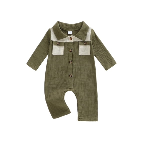 Cjfdfy Newborn Baby Boy Spring Fall Winter Clothes Infant Baby Boys Cotton Linen Outfit 0 3 6 12 18 Months Lapel Romper One Piece Contrast Color Long Sleeve Button Down Jumpsuit with Chest Pockets
