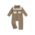 thumbnail image 1 of Cjfdfy Newborn Baby Boy Spring Fall Winter Clothes Infant Baby Boys Cotton Linen Outfit 0 3 6 12 18 Months Lapel Romper One Piece Contrast Color Long Sleeve Button Down Jumpsuit with Chest Pockets, 1 of 9