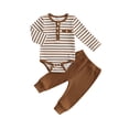 thumbnail image 1 of Cjfdfy Newborn Baby Boys Fall Outfits  Striped Waffle Knit Long Sleeve Striped Romper With Elastic Waist Solid Pants 2Pcs Infant Fall Winter Outfit Coming Home Outfit 0-18M, 1 of 9