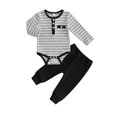 thumbnail image 1 of Cjfdfy Newborn Baby Boys Fall Outfits  Striped Waffle Knit Long Sleeve Striped Romper With Elastic Waist Solid Pants 2Pcs Infant Fall Winter Outfit Coming Home Outfit 0-18M, 1 of 9