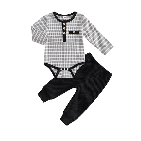 Cjfdfy Newborn Baby Boys Fall Outfits Striped Waffle Knit Long Sleeve Striped Romper With Elastic Waist Solid Pants 2Pcs Infant Fall Winter Outfit Coming Home Outfit 0-18M