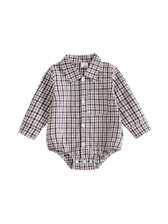 Newborn Baby Boys Fall Plaid Romper Gingham Long Sleeve Lapel Button Down Bodysuit With Chest Pocket Infant Cute Coming Home Fall Winter Outfit 0-18M