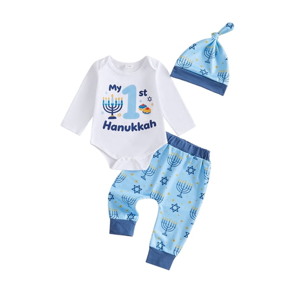 Cjfdfy Newborn Baby Boys First Hanukkah Outfits Dreidel Menorah Print Long Sleeve Romper Pants And Hat Infant Cute Baby My 1St Hanukkah Fall Winter Outfit 0-18M 