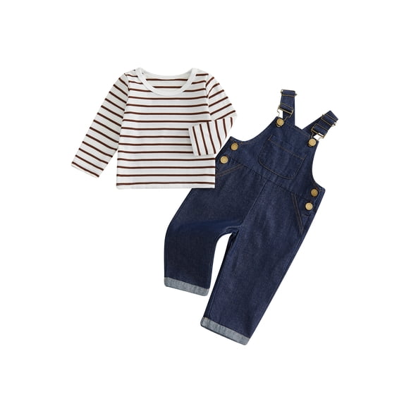 Cjfdfy Newborn Baby Boys Girls Outfit, Long Sleeve Crew Neck Stripes Romper With Denim Overall Pants Fall Outfit Clothing Set Cute Baby Boys Girls Overalls Clothes