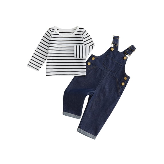 Cjfdfy Newborn Baby Boys Girls Outfit, Long Sleeve Crew Neck Stripes Romper With Denim Overall Pants Fall Outfit Clothing Set Cute Baby Boys Girls Overalls Clothes