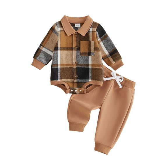 Cjfdfy Newborn Baby Boys Pants Set Long Sleeve Plaid Button Closure Romper with Pants Fall Outfit Button Down Shirt Pants 2Pcs Festival Clothes Set Infant Baby Boy Girl Plaid Tops Sweatpants Outfit