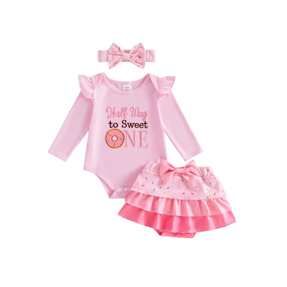 Cjfdfy Newborn Baby Girl Birthday Outfit Half Way to Sweet One Long Sleeve Romper and Skirt Shorts Headband Set 3pcs 6 Months Birthday Outfit Baby 1/2 Birthday Outfit 3-12M