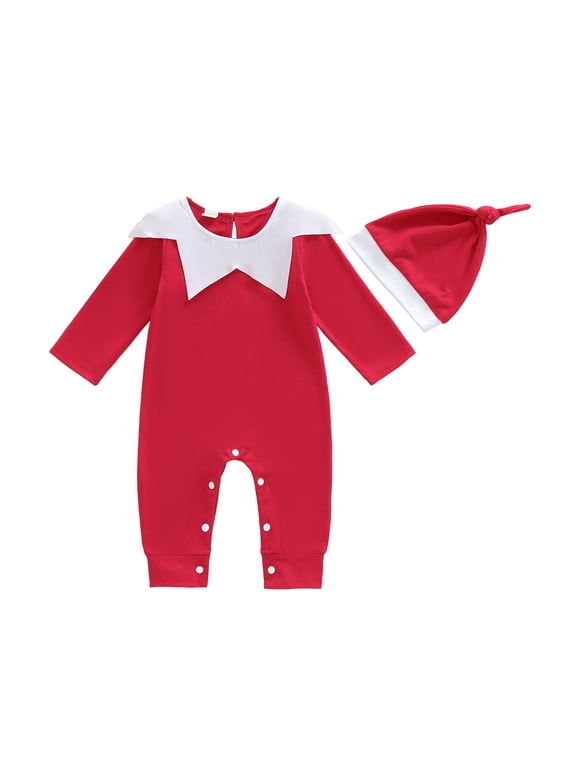 Newborn Baby Girl Boy Christmas Elf Outfit Infant Baby Santa Claus Costume Long Sleeve Doll Collar Romper One Piece Jumpsuit with Christmas Hat Baby Girls Boys Fall Winter Clothes