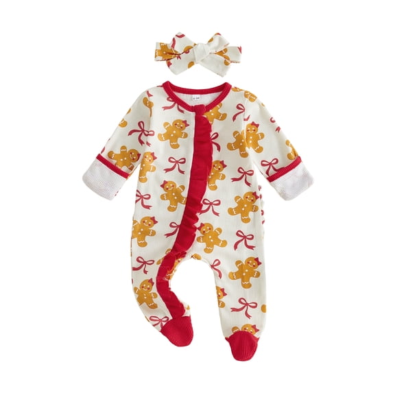 Cjfdfy Newborn Baby Girl Boy Christmas Footed Romper Christmas Tree Gingerbread Ribbed Knit Long Sleeve Footed Jumpsuit Headband Infant Cute My First Christmas Fall Winter Outfit 0-9M