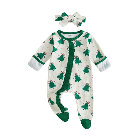 Cjfdfy Newborn Baby Girl Boy Christmas Footed Romper Christmas Tree Gingerbread Ribbed Knit Long Sleeve Footed Jumpsuit Headband Infant Cute My First Christmas Fall Winter Outfit 0-9M