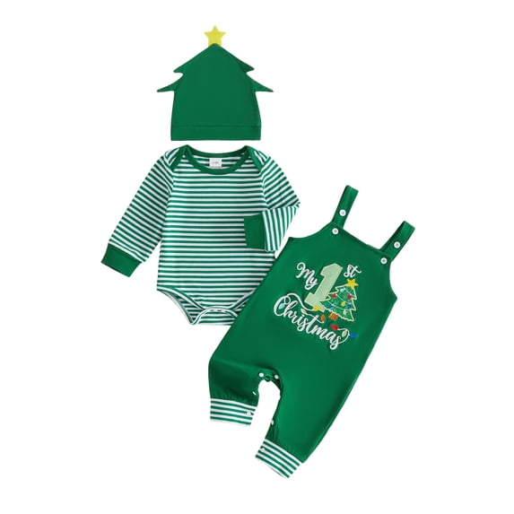 Cjfdfy Newborn Baby Girl Boy Christmas Outfit Three Piece Set My First Christmas Baby Outfit Striped Rompers And Embroidery Overalls With Hat Infant Holiday Fall Winter Outfit