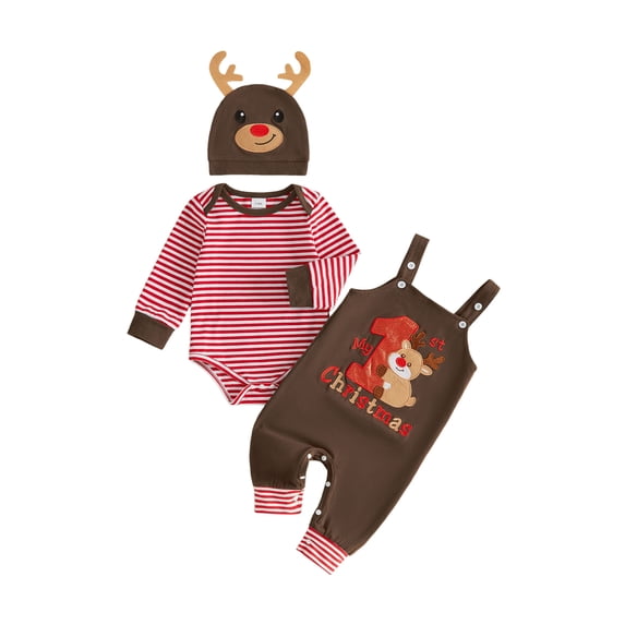 Cjfdfy Newborn Baby Girl Boy Christmas Outfit Three Piece Set My First Christmas Baby Outfit Striped Rompers And Embroidery Overalls With Hat Infant Holiday Fall Winter Outfit